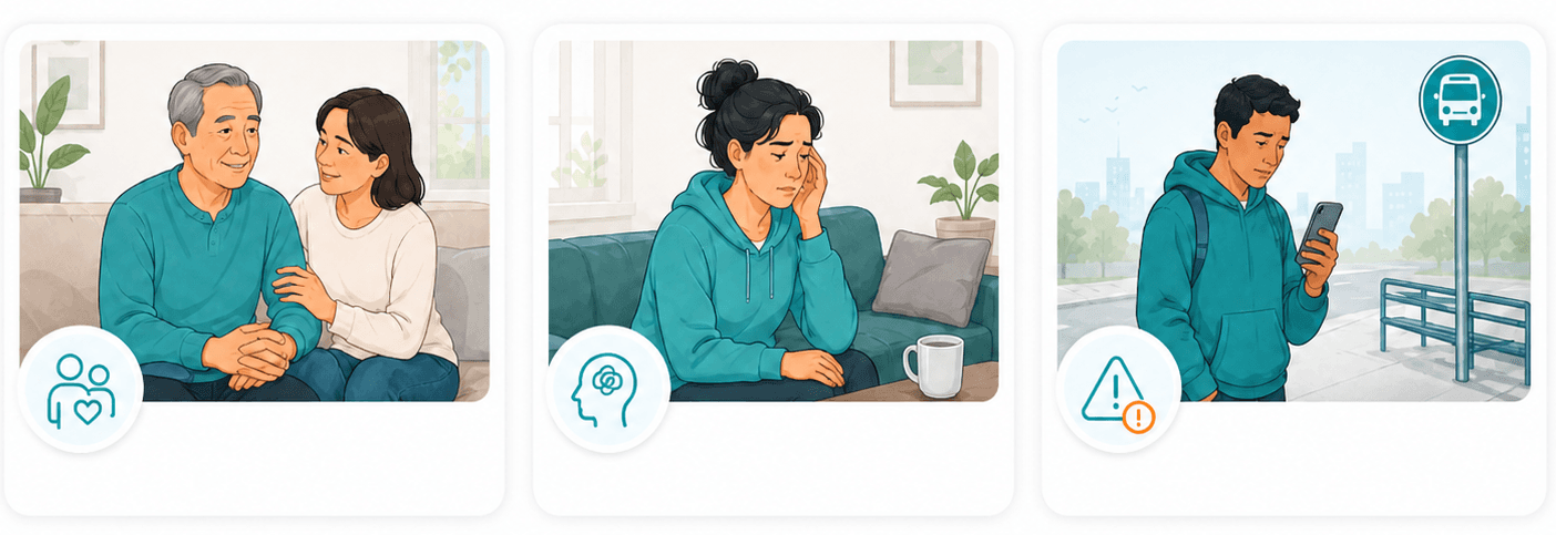 Three patients in different recovery contexts: an older couple at home, a woman resting on her sofa, and a young man checking transport from a bus stop.
